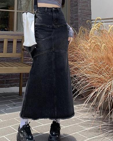 lucyever y2k חצאיות גינס שחורות גותיות לנשים בגדי רחוב מותן גבוה מותן דק ארוך חצאית וינטג לנשים עם דנים בכיס