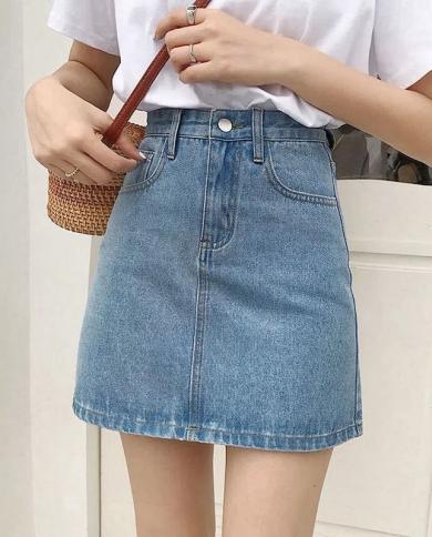 חצאית גינס לנשים של lucyever 2023 קיץ מותן גבוה קו חצאית מיני חצאית כיס קזואל מוצק חצאית גינס פשוטה