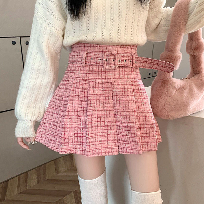 High waisted pink outlet plaid skirt