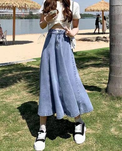 סגנון לוסיבר חצאיות ארוכות מותן גבוה לנשים אופנה 2023 קיץ דק אלין גינס חצאית אישה allmatch חצאיות גינס