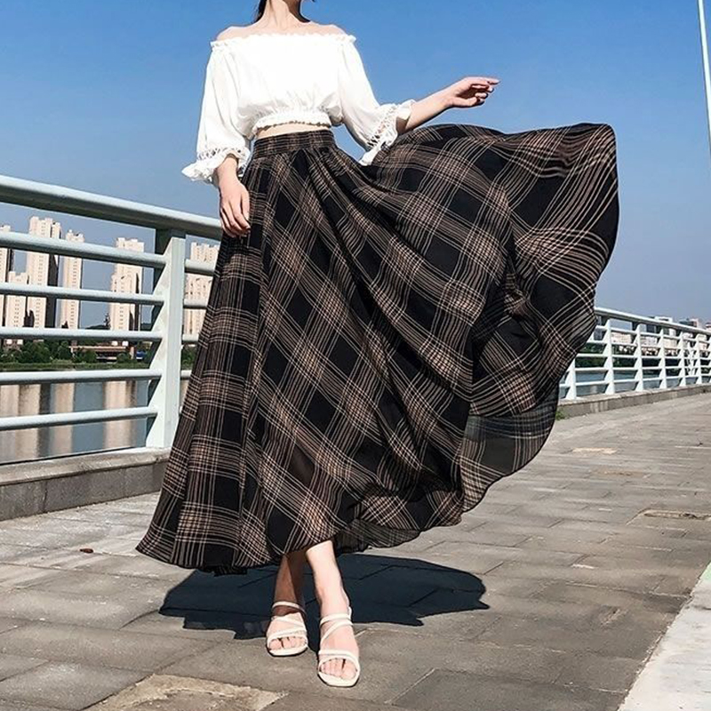 Plaid Skirt Korean Skirt Outfit Ideas Checkered Long Skirt Outfit