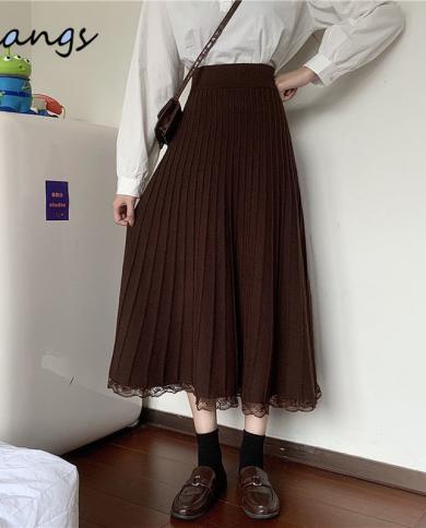 נשים חורף סוודר קו עבה חצאית ארוכה לנשים סתיו 2023 חצאית קפלים שחורה ותפירת תחרה אלגנטית במותן גבוה