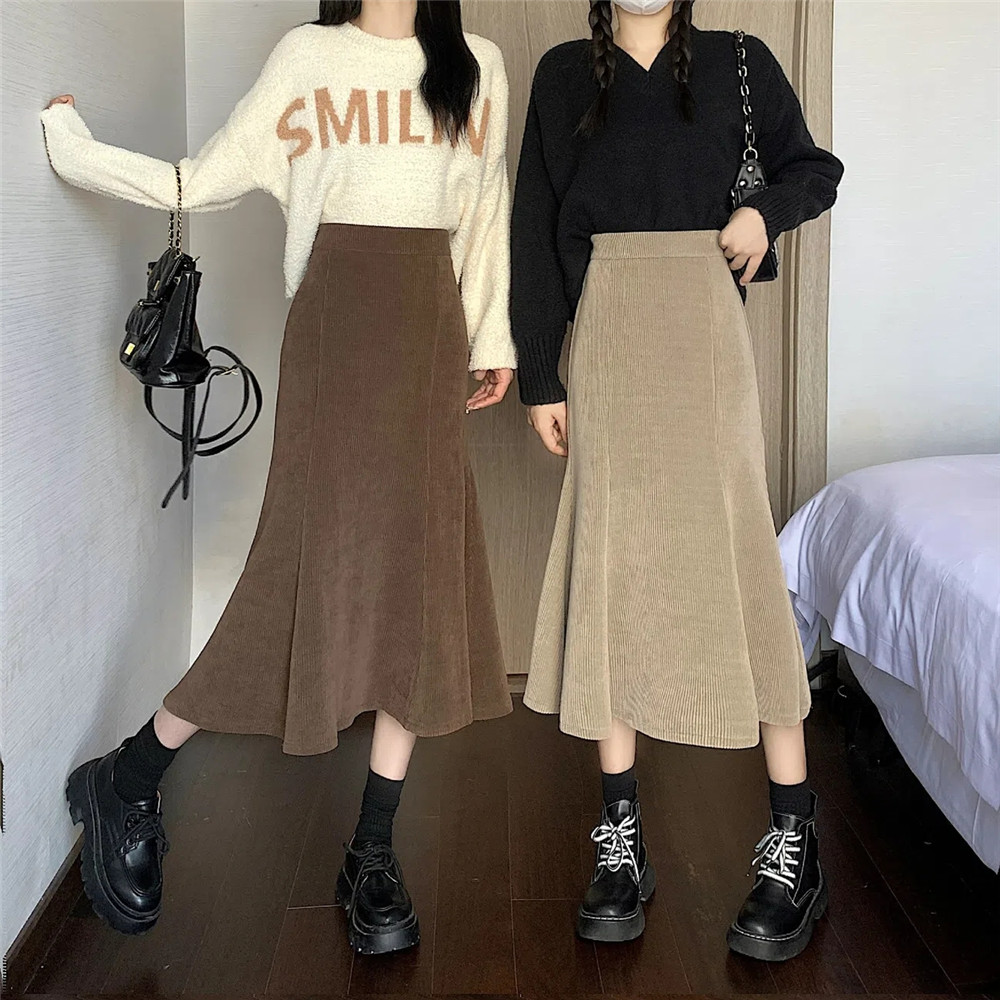 Corduroy Mermaid Skirts Solid Autumn Winter High Waist Sweet All