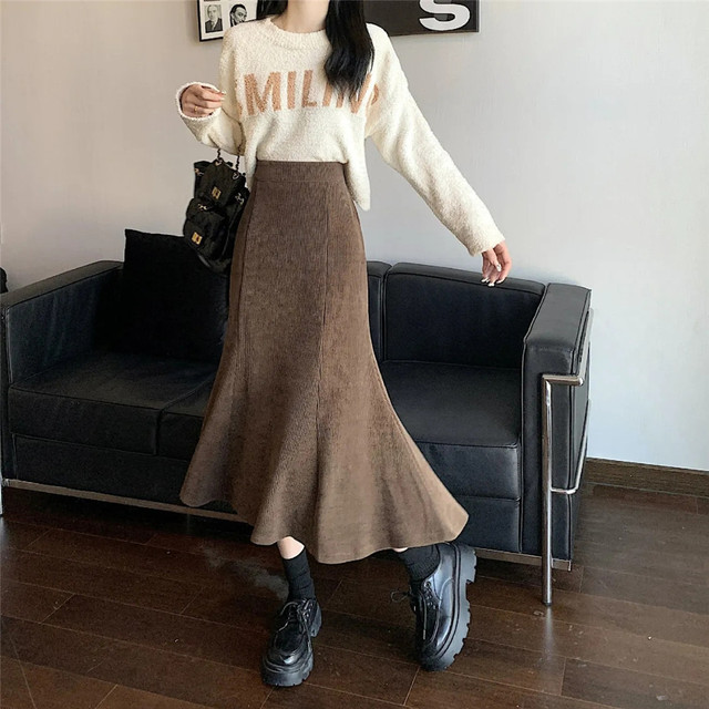 Corduroy Mermaid Skirts Solid Autumn Winter High Waist Sweet All