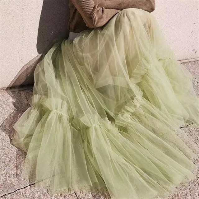 Fashion Vintage Pink Pleated Long Tulle Skirt Tutu Femme High