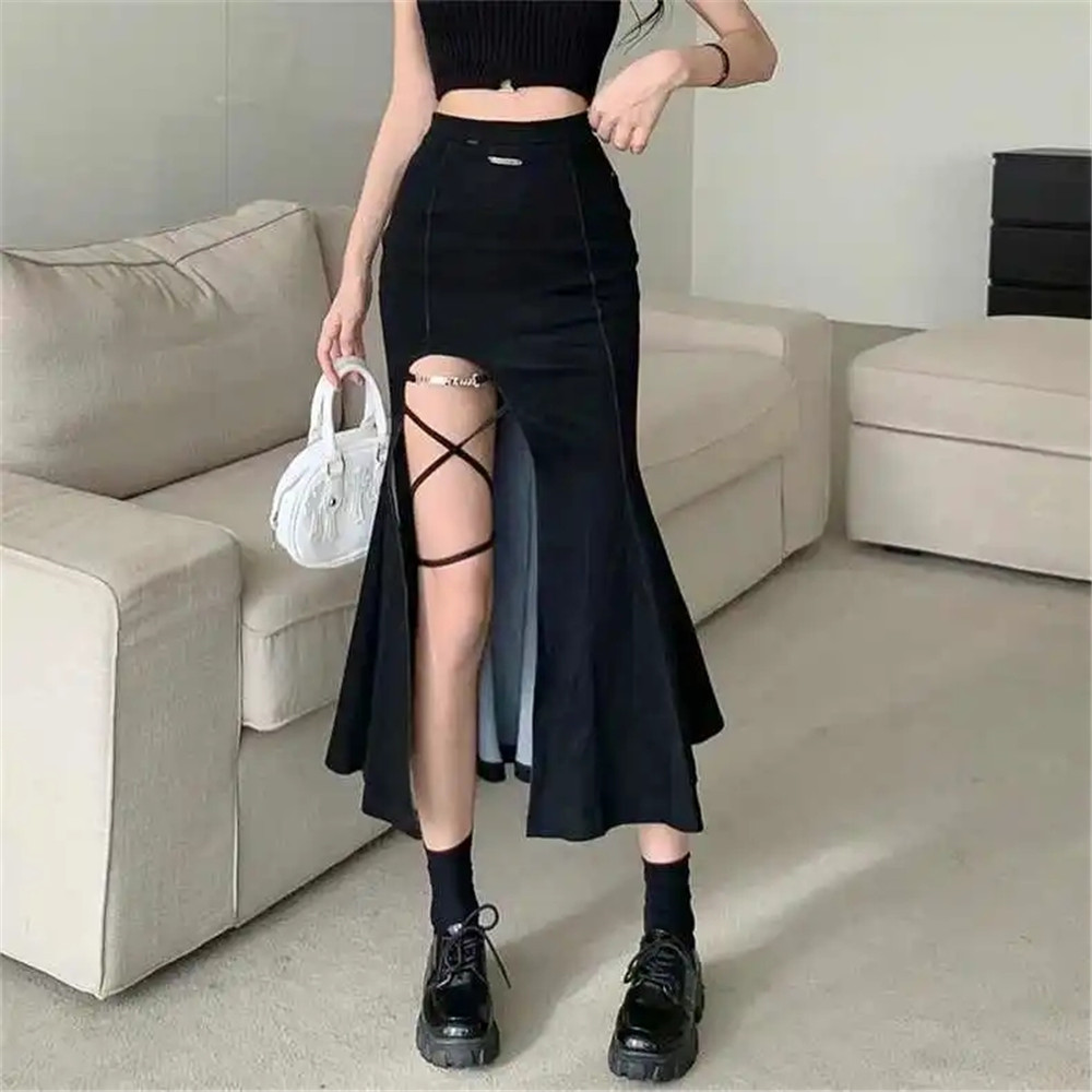 Black Jean Fishtail Skirt Gothic Bandage All Match High Street Design Trend Mature Cool Slit Women Flared Denim Skirt G size XS Color Black