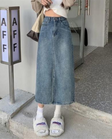 רטרו y2k הונג קונג חצאית גינס מפוצלת באורך בינוני לנשים קיץ שיק ורסטילי מותן גבוה הרזיית קו חצאית גינס ארוכה