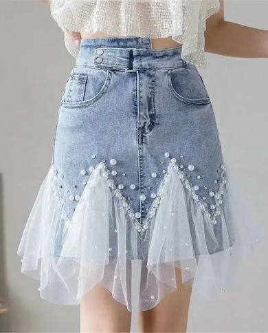 קיץ פנינה אופנה חרוזים נשים מיני חצאית גינס רשת טלאים וינטג גברת אלגנטית מותן גבוה חצאיות גינס 2023 אפוד