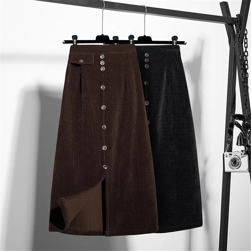 5xl Midi Long Corduroy Skirt Women Autumn Winter Vintage Elegant Buttons Solid Skirt Female A Line High Waist Mid Length size S Color Coffee