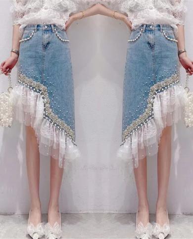 Denim skirt with lace hot sale hem