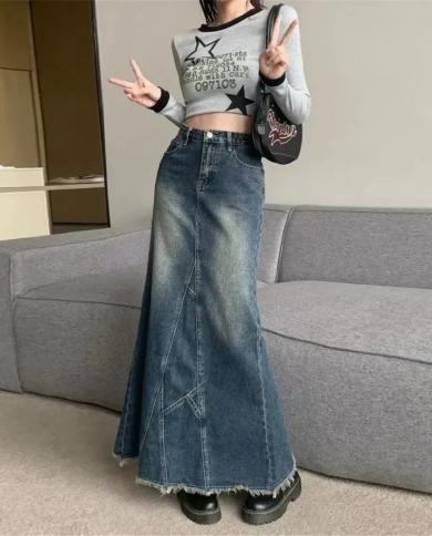 Retro Long Denim Skirt Y2k Classic All Match Vitality Casual Commuter  Outing Tight Women Irregular Fishtail Skirt Girl size XL Color Blue