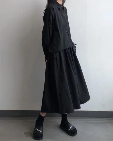סט שחור גותי 2 יחידות חולצה רפויה חולצה קצרה  מותן גבוה מטען ארוך חצאית קו נשים וינטג חליפת פאנק הראגוקו