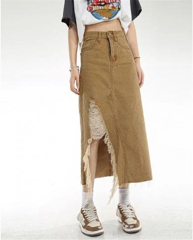 וינטג חאקי קדמית מפוצלת ציצית קרועה חצאית גינס ארוכה לנשים קיץ חצאיות גינס גבוהות נקבה ישר קו s