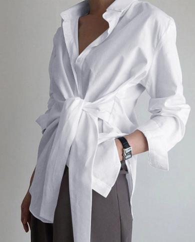 אופנה נשים חולצה חולצה שרוולים ארוכים שרוולים צבע אחיד עניבה חולצה קדמית למשרד נשים אלגנטי סתיו לבן שי