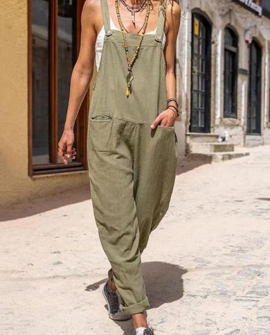 Cotton and linen casual style discount suspender pocket jumpsuit