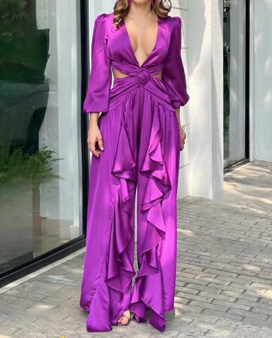 סרבל אלגנטי לנשים 2023 חדש צווארון V עם שרוולים ארוכים דליפה מותניים צבע אחיד אופנה שמלה רפויה