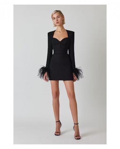 ליידי סטרפלס מיני bodycon תחבושת שמלת שחור נוצה שרוול ארוך 2022 שמלת מסיבה חדשה לנשים שמלת מועדון סלבריטאים