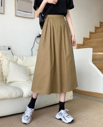 tigena קזואל מוצק כל התאמה חצאית מידי ארוכה לנשים 2023 חדש פשוט קו מותן גבוה חצאית באורך בינוני fema