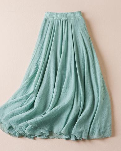 טיגנה נוחה כותנה פשתן חצאית מקסי נשים אביב קיץ קזואל מוצק הכל תואם רופף קו חצאית ארוכה מותן גבוהה
