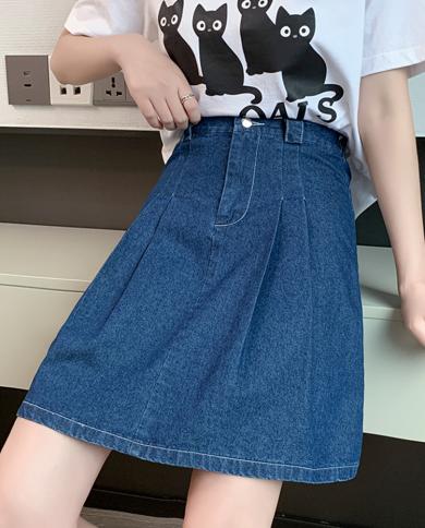 tigena חצאית גינס מיני קזואל נשים 2023 קיץ בנות סטודנטית סולידית הכל תואם קו חצאית גינס מותן גבוה לנשים