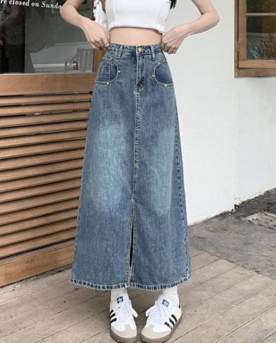 tigena all match חצאית גינס ישרה נשים 2023 חדשה פלוס מידה 5xl כיסי שסע קדמיים מותן גבוה חצאית גינס midi long f