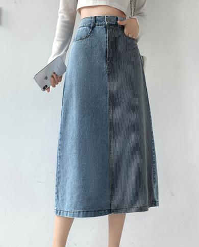 טיגנה אופנה חצאית גינס טלאים נשים 2023 אביב קיץ מזדמן גב אלגנטי חצאית גינס מותן גבוה נקבה