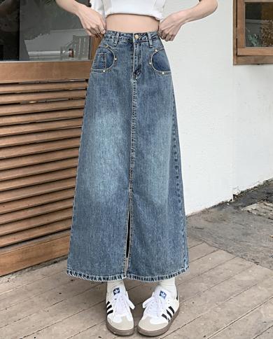 טיגנה פלוס מידה חצאית גינס ישרה ארוכה נשים 2023 קיץ הכל תואם שסע קדמי מותן גבוה חצאית מידי גינס לנשים