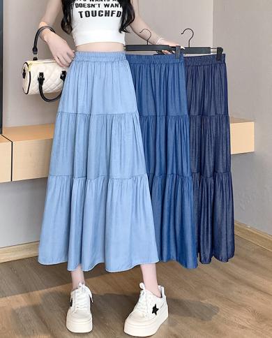 tigena midi חצאית גינס ארוכה נשים 2023 קיץ וינטג קזואל מוצק הכל תואם קו מותן גבוה חצאית גינס באורך בינוני f