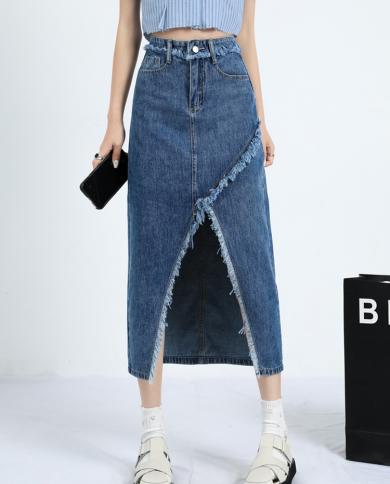 עיצוב אופנה tigena שסע חצאית גינס ארוכה נשים 2023 כיסי ציצית קיץ דק מותן גבוה חצאית מידי גינס נקבה