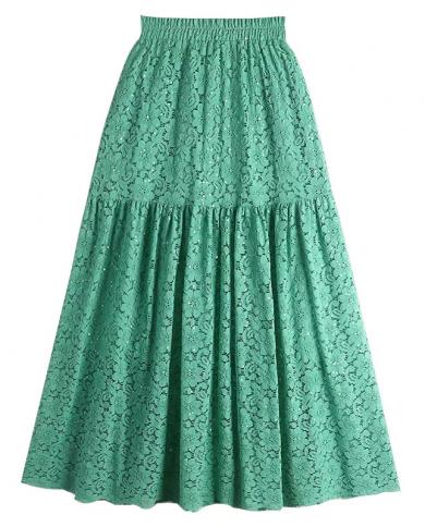 טיגנה סרוגה חלולה תחרה חצאית ארוכה נשים 2023 אופנה קיץ פאייטים קו מותן גבוה חצאית מקסי נקבה ירוקה
