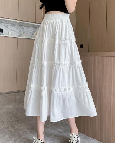 טיגנה מתוק לבנה חצאית מידי ארוכה לנשים 2023 אביב קיץ אלגנטית בקו מותן גבוה חצאית באורך בינוני לנשים