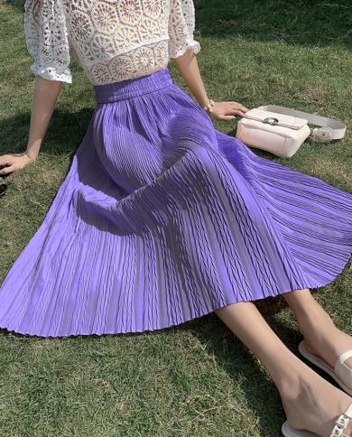 טיגנה חצאית ארוכה אלגנטית לנשים 2023 אביב קיץ קזואל מוצק הכל תואם קו מותן גבוה חצאית מידי קפלים נשית