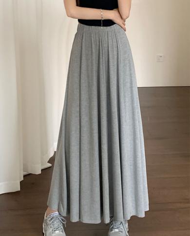 tigena קזואל all match חצאית מקסי נשים 2023 אביב קיץ פשוט מוצק קו מותן גבוה חצאית ארוכה אישה אפור שחור
