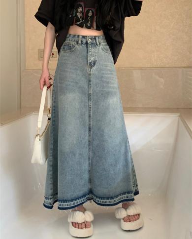 טיגנה באורך קרסול מקסי חצאית גינס לנשים אופנה חדשה אלגנטית ניגודיות ציצית קו מותן גבוה חצאית גינס ארוך fe