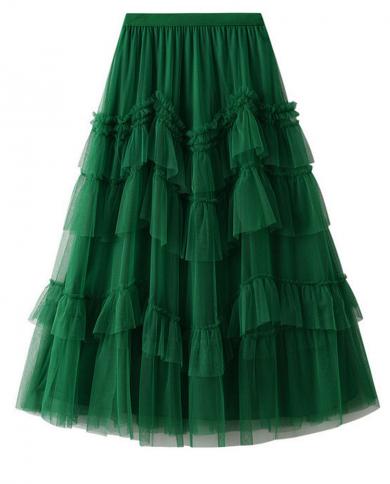 tigena נשים טול חצאית ארוכה 2023 אביב קיץ אופנה מדורגת רשת קו מותן גבוה קפלים חצאית מקסי נקבה ירוק k