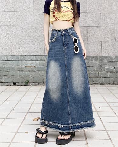 טיגנה אופנה ציצית מקסי גינס לנשים 2023 וינטג חדש פלוס מידה s4xl קו חצאית גינס ארוך מותן גבוה fema