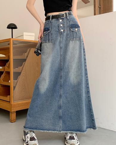 עיצוב אופנה tigena חצאית גינס מקסי נשים 2023 כיסי כפתור וינטג חדשים ציצית קו מותן גבוה חצאית גינס ארוכה f
