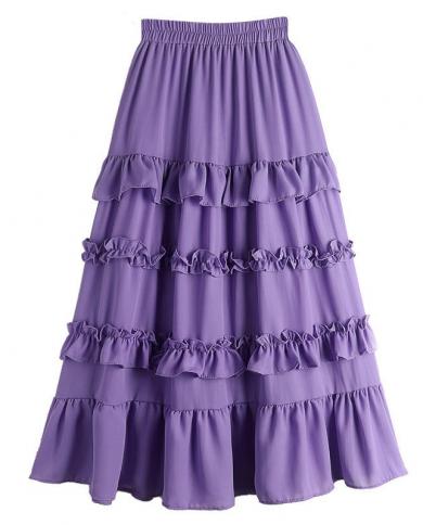 טיגנה חצאית שיפון ארוכה טלאים מתוקה לנשים 2023 אביב קיץ אלגנטית סגולה מותן גבוה חצאית מידי נשית