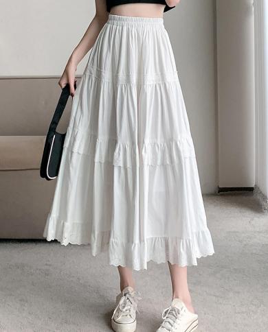 חצאית ארוכה כותנה לבנה לנשים 2023 אביב קיץ טלאי תחרה אלגנטית קו חצאית מידי נקבה