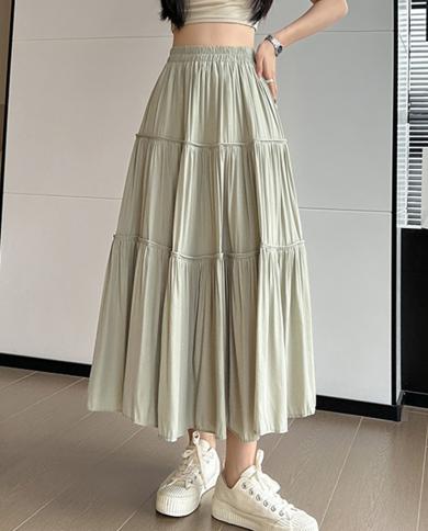tigena קזואל חצאית ארוכה מוצקה לנשים 2023 אביב קיץ קפלי אופנה כולם תואמים קו חצאית ארוכה לנשים