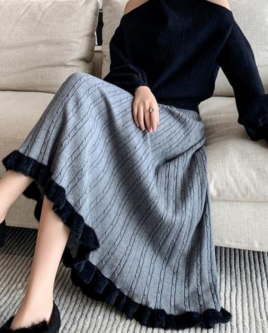 טיגנה חצאית קפלים סרוגה לנשים 2022 סתיו חורף פטריית עץ אכילה קו חצאית מידי ארוך מותן גבוה
