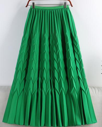 אופנה קפלים ארוכה חצאית קיץ לנשים שיפון ירוק קפלים חצאית מקסי קפלים