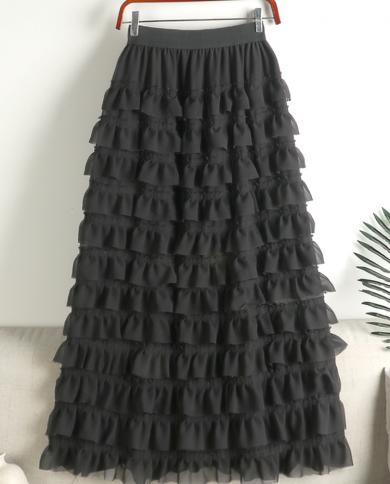 טיגנה חצאית ארוכה מדורגת שיפון חמודה לנשים 2023 אביב קיץ סולידית כולה תואמת קו חצאית מידי לנשים