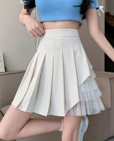 טיגנה אופנה חצאית מיני טלאים טול לנשים 2023 קיץ חמוד רוכסן צד מותן גבוה קפלים חצאית לבנה נקבה