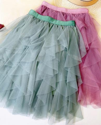 חצאית מיני טיגנה טוטו טול נשים 2023 קיץ חמוד קו אלסטי מותן גבוה קפלים חצאית רשת מדורגת נקבה ירוקה