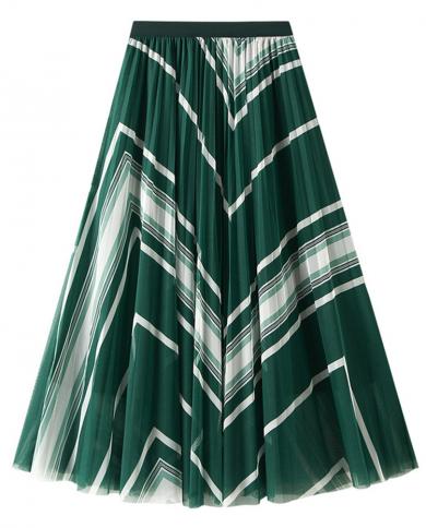 טיגנה צבע ניגודיות פסים חצאית טול נשים 2023 אביב קיץ מותן גבוה קפלי רשת מידי חצאית ארוכה נקבה ירוקה