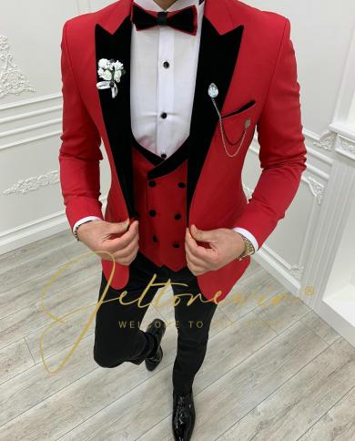 חליפות חתונה לגברים 2022 חליפות גברים אדום בלייזר אפוד שחור מכנס slim fit terno masculino פורמלי אלגנטי חתן טוקסידו פרו