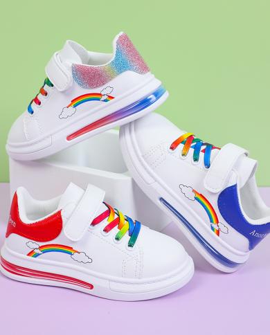 נעלי ספורט אופנה לילדים קשת צבעונית בנות נעלי קזואל לבנות נעלי קזואל מעור pu עם סוליית כרית אוויר נעל סתיו