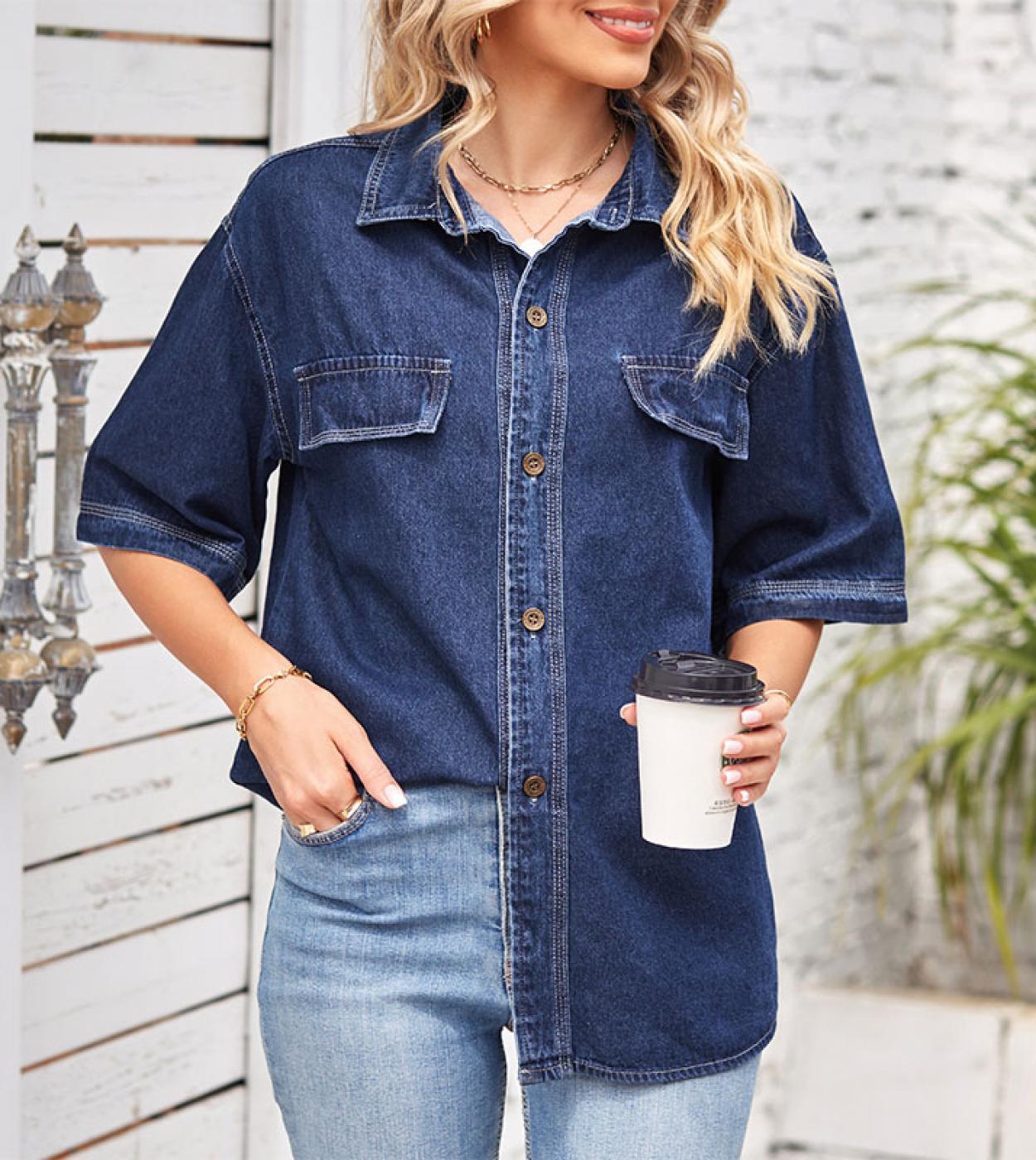 Solid Casual Loose Denim Shirts For Women 2023 Summer Vintage