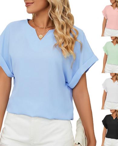 חולצות מוצקות קזואל רפויות לנשים אופנת 2023 קיץ נשים חולצות וחולצות עם צווארון V אוברסייז אלגנטית נוער נשים